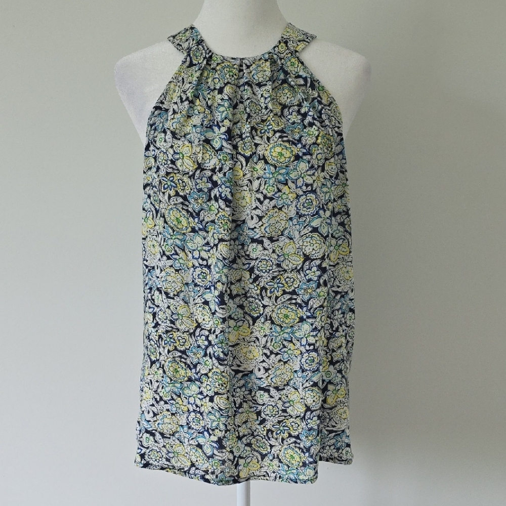 Women's Adrienne Vittadini Blue and Green Sleeveless Pleated Top Blouse Size M